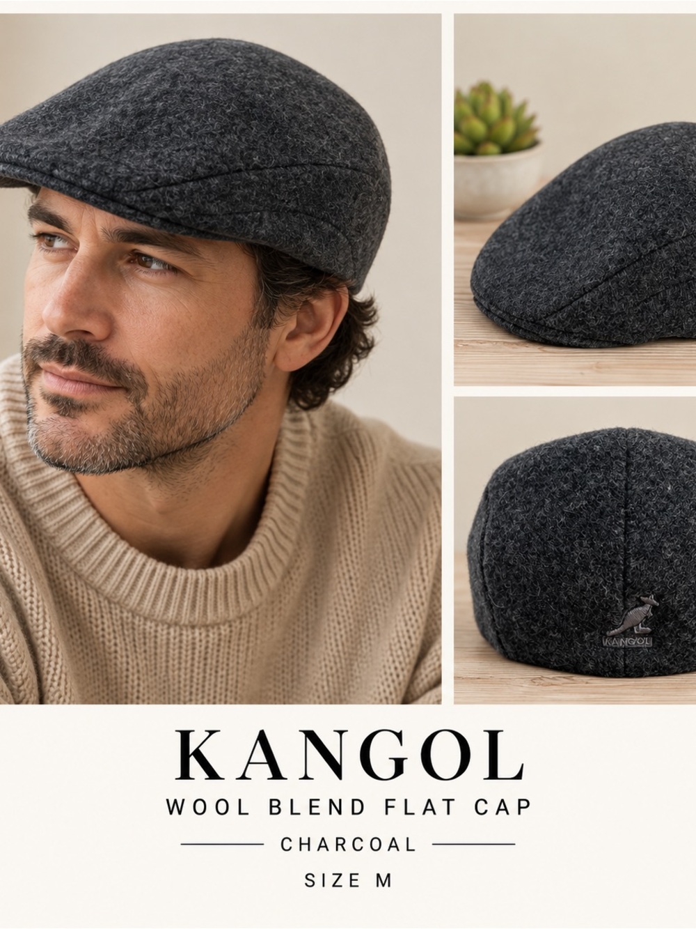 Kangol Wool Blend Charcoal Gray Flat Cap Hat Size M